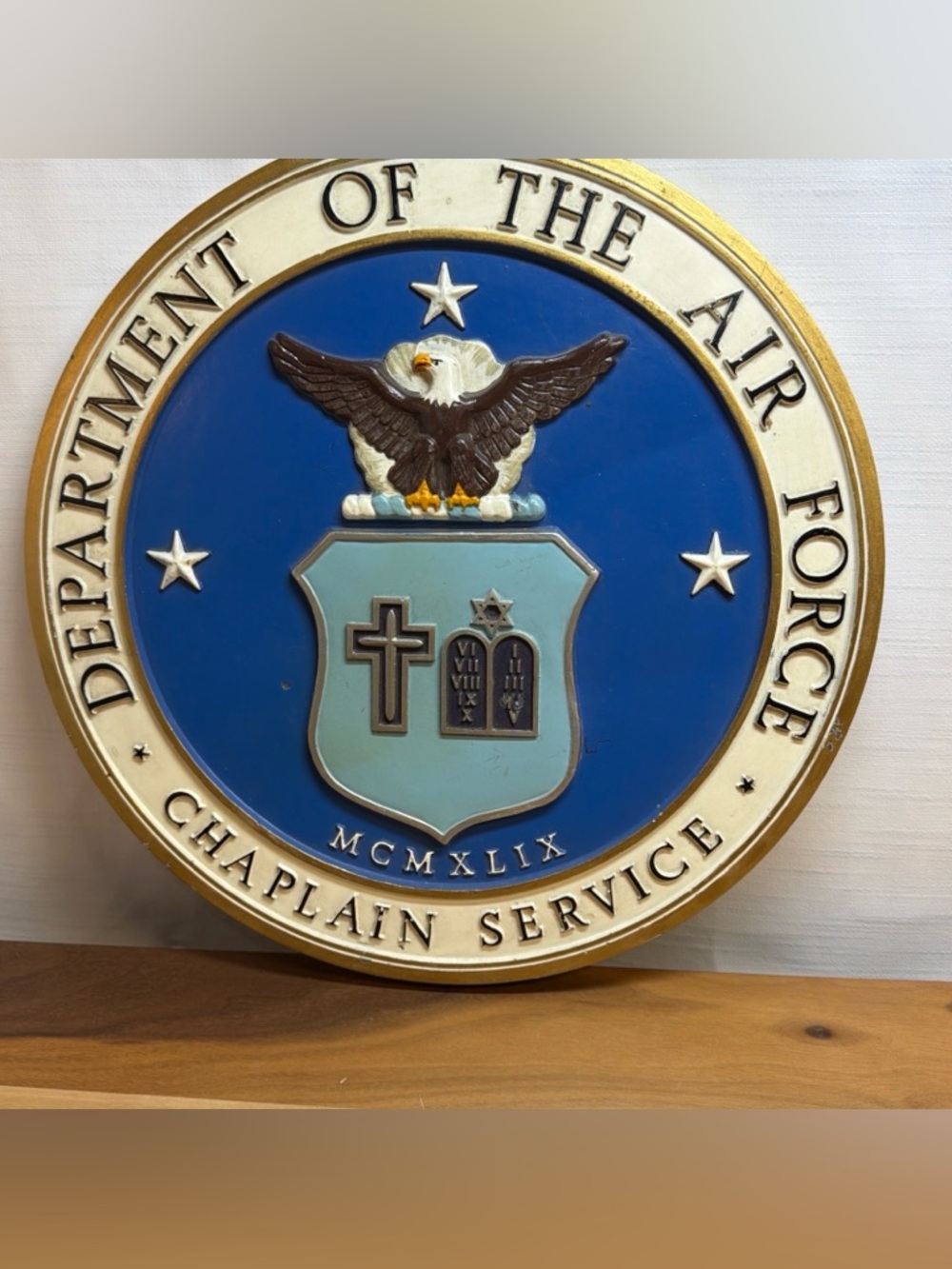 DEPT OF THE US‎ AIR FORCE "CHAPLAIN SERVICE" Metal EMBLEM WALL PLAQUE SIGN D 14”
